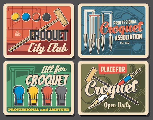 Croquet game sport retro banners. Houten hamer en ballen, hoepels of wickets en haringen.