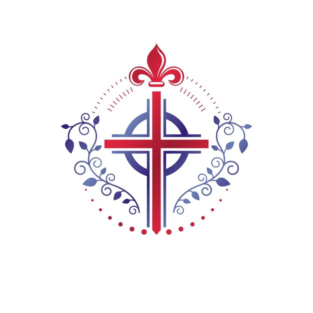 Vettore emblema grafico della croce del cristianesimo. elemento di design vettoriale araldico. etichetta in stile retrò, insegne religiose decorate con corona d'alloro e fiore di giglio. idea di ricchezza e monarchia.