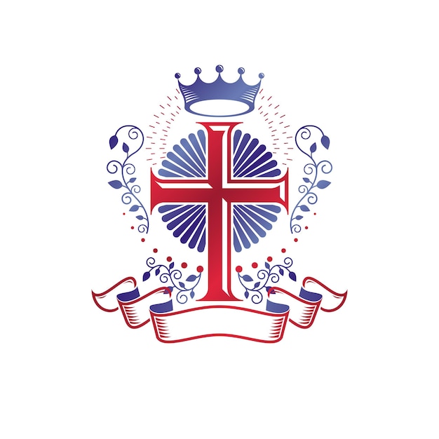 Croce del cristianesimo emblema della religione. logo decorativo stemma araldico isolato illustrazione vettoriale composta con ornamento floreale e corona reale di lusso.
