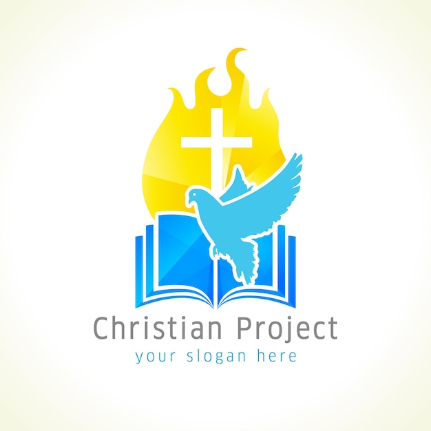 Croce volante colomba libro aperto logo infuocato concetto di logotipo cristiano creativo religioso