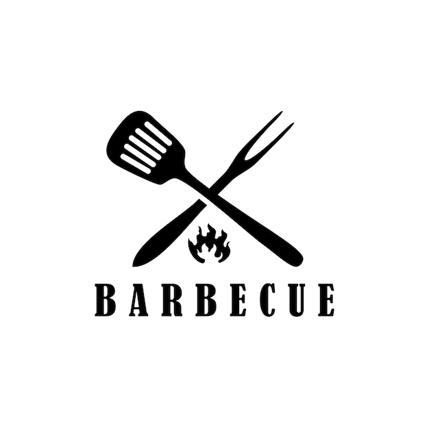 Forchetta a croce e spatola con griglia a fiamma e barbecue logo design vector