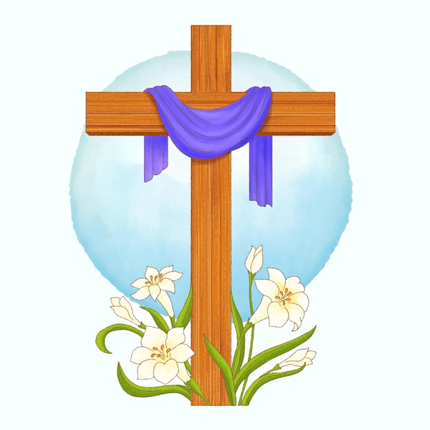 Vector cross of jesus christ and lily flower greeting card happy easter