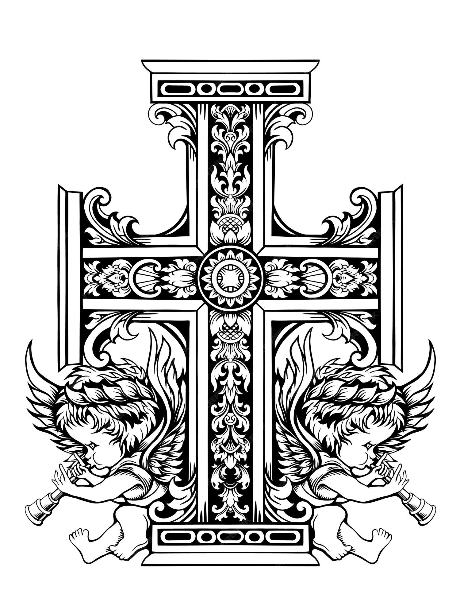 Premium Vector | Cross and little angel tattoo design vector Premium Vector | Cross and little angel tattoo design vector