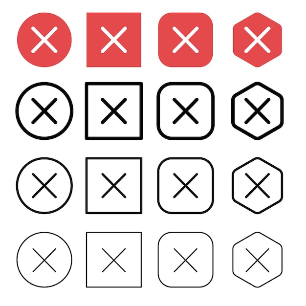 Vector cross marks thick to thin outline and flat