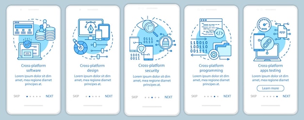 Modello vettoriale dello schermo della pagina dell'app mobile per l'onboarding di applicazioni multipiattaforma. software per la sicurezza informatica. procedura dettagliata del sito web con illustrazioni lineari. concetto di interfaccia per smartphone ux, ui, gui