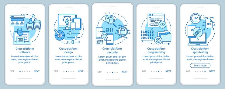 Vector 跨平台应用程序整合移动应用程序页面屏幕向量模板网络安全软件带有线性插图的网站步骤用户体验 uigui智能手机界面概念
