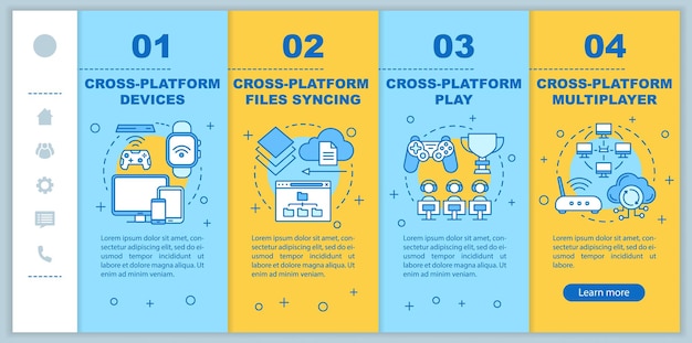 Modello vettoriale di pagine web mobili per l'onboarding multiplayer multipiattaforma. idea reattiva dell'interfaccia del sito web per smartphone con illustrazioni lineari. schermate dei passaggi della procedura dettagliata della pagina web. concetto di colore