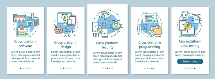 Vector cross platform onboarding mobile app page screen with linear concepts. design and programming walkthrough steps graphic instructions. data protection. ux, ui, gui vector template with illustrations