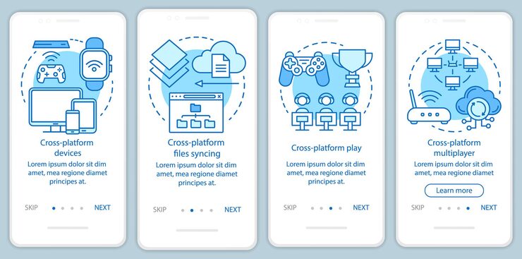Vector cross platform synchronization onboarding mobile app page screen vector template. online device syncing. walkthrough website steps with linear illustrations. ux, ui, gui smartphone interface concept