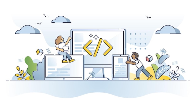 クロスプラットフォーム技術とモバイルアプリケーション開発の概要の概念。 1つのレスポンシブソフトウェアとアダプティブウェブサイトコーディングシーンのベクトルイラストを使用したコンピューター、タブレット、電話のプログラミング。