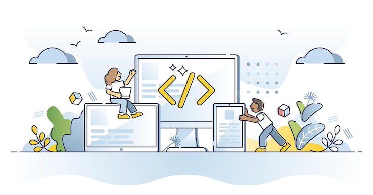 Vector 跨平台技术和移动应用程序开发概要概念. 计算机,平板电脑和手机编程与一个响应软件和自适应的网站编码场景向量插图.