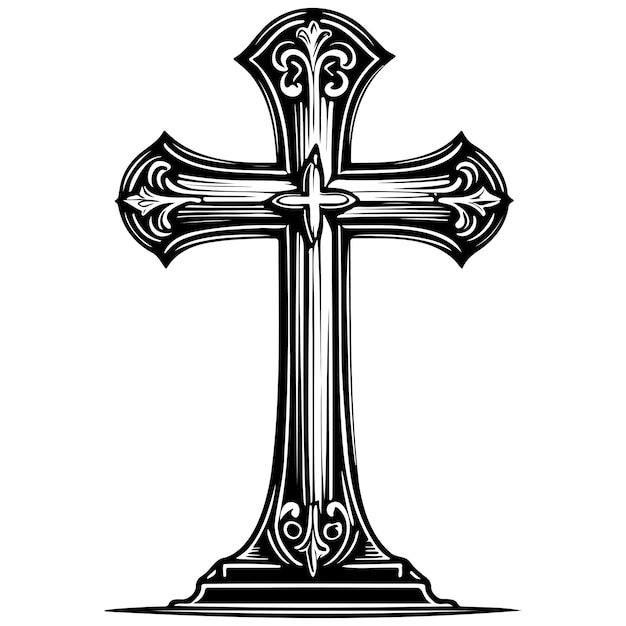 Vector cross realistic ink sketch of black silhouette outline transparent background