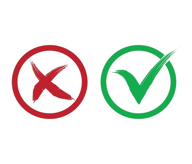 Cross red mark and check, tick green mark vector grange style in circles for web and app	
