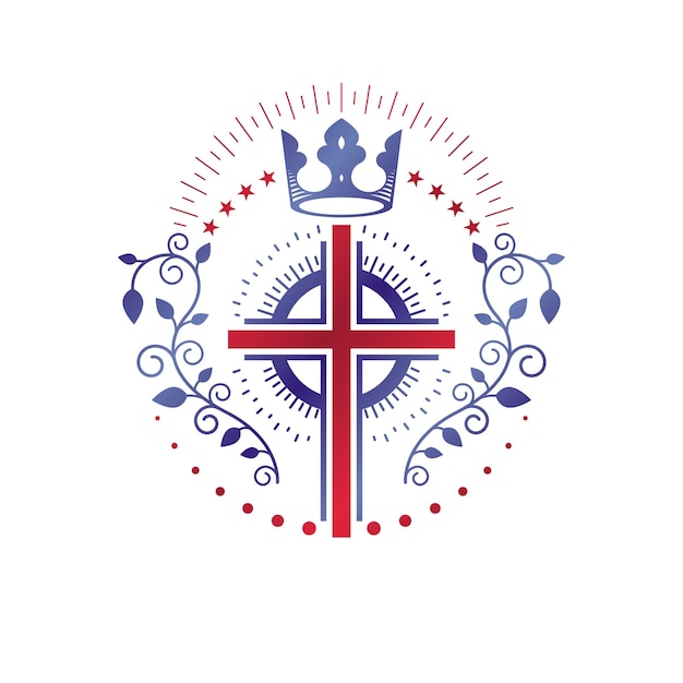 Cross Religieus grafisch embleem gemaakt met keizerskroon en bloemenornament, christelijke kruisiging. Heraldische wapenschild, vintage vector logo geïsoleerd op een witte achtergrond.