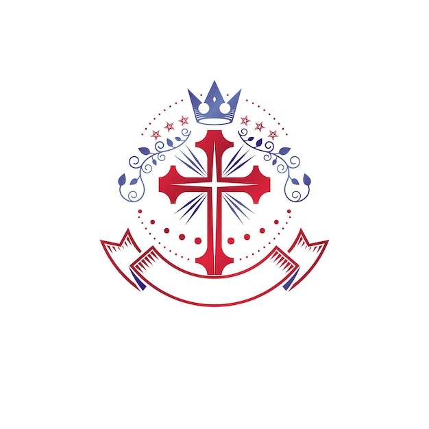 Cross Religieus grafisch embleem gemaakt met keizerskroon en bloemenornament, christelijke kruisiging. Heraldische wapenschild, vintage vector logo versierd met mooi lint.