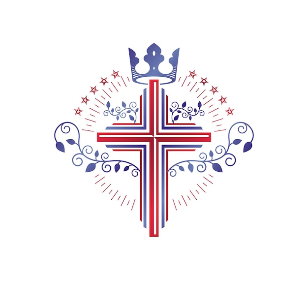 Cross religieuze grafische embleem gemaakt met behulp van monarch kroon en bloemen sierlijke, katholieke kruisiging. Heraldische wapenschild, vintage vector logo geïsoleerd op een witte achtergrond.