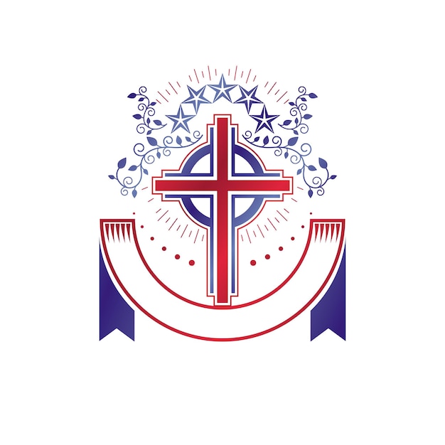 Cross religieuze vintage embleem gemaakt met behulp van vijfhoekige ster en bloemen ornament, christelijke kruisiging. Heraldische wapenschild, glorie van God vector logo.