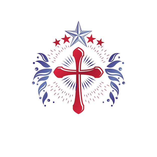 Cross religieuze vintage embleem gemaakt met behulp van vijfhoekige ster en bloemen ornament, christelijke kruisiging. Heraldische wapenschild, glorie van God vector logo.