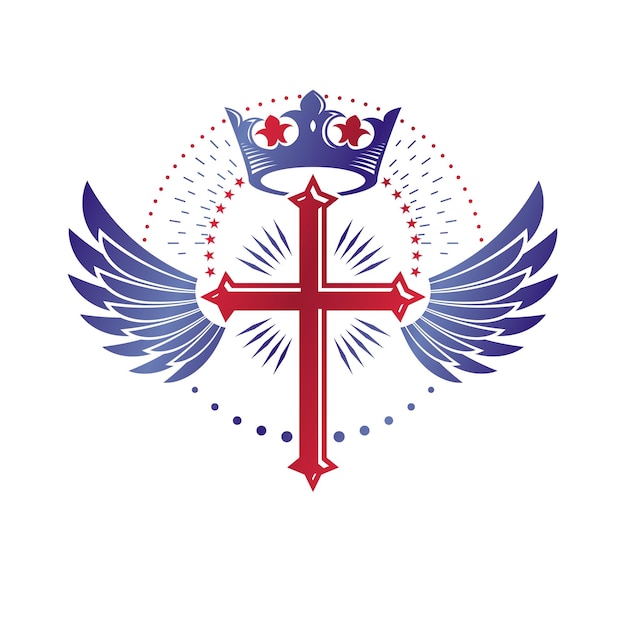 제국의 왕관과 천사의 날개, 기독교 십자가를 사용하여 만든 크로스 종교 그래픽 엠블럼. 문장 학 외 투, 흰색 배경에 고립 된 빈티지 벡터 로고.