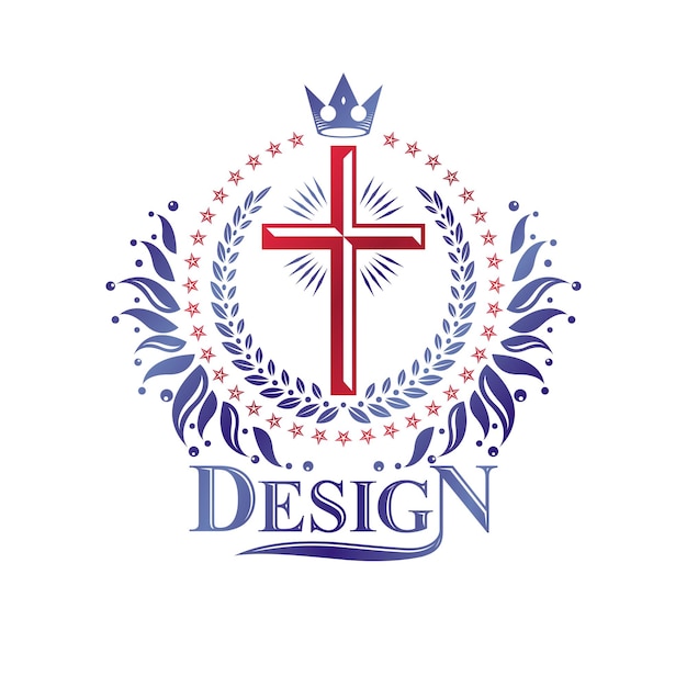王冠と花の装飾、キリスト教のはりつけを使用して作成された十字架の宗教的なグラフィックエンブレム。紋章の紋章、白い背景で隔離のヴィンテージのベクトルのロゴ。