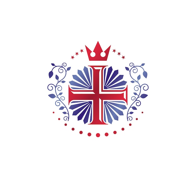 Крест религиозная графическая эмблема, созданная с использованием короны монарха и цветочного орнамента, католического распятия. геральдический герб, винтажный векторный логотип на белом фоне.