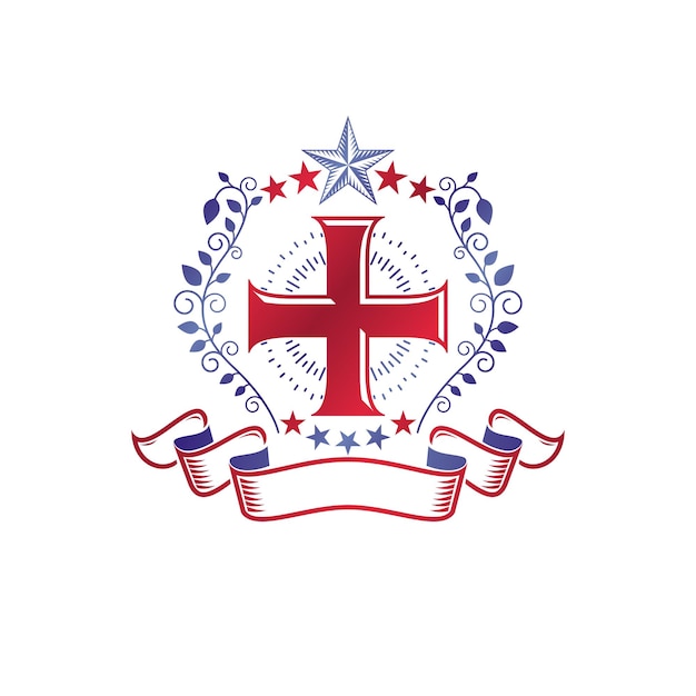 五角形の星と花の装飾、キリスト教のはりつけを使用して作成された十字架の宗教的なヴィンテージのエンブレム。紋章の紋章、神の栄光のベクトルのロゴ。