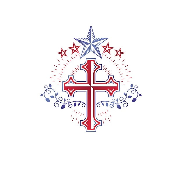Vector cross religious vintage emblem created using pentagonal star and floral ornament, christian crucifixion. heraldic coat of arms, glory of god vector logo.