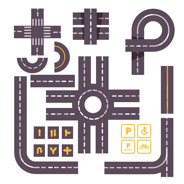 Cross road top view set collection of high way line street city illustration