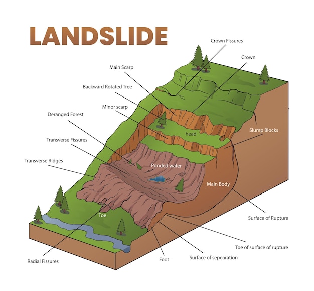 Vector cross section illustration of landslide diagram