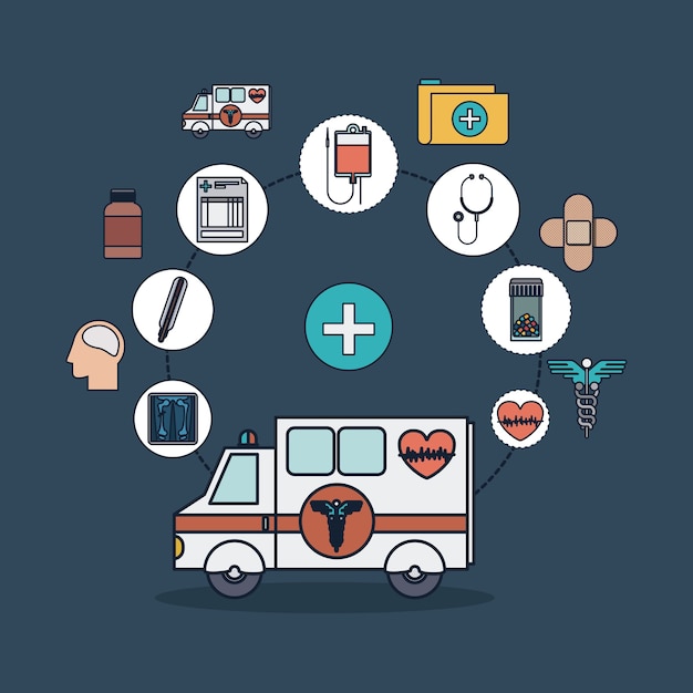 Vettore ambulanza a forma di croce e set di icone