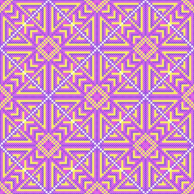 Vector cross stitch seamless pattern. embroidery background. needlework ornament. bright purple picture. geometric patterns. vector illustration.