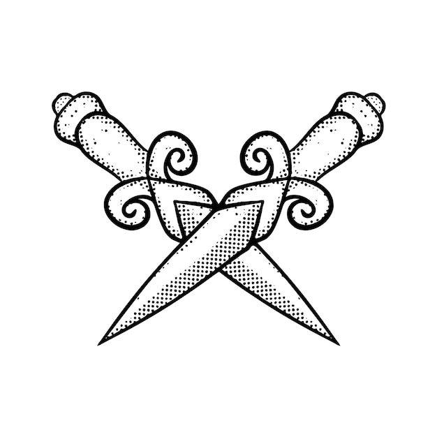 Перекрестный меч Иллюстрация нарисованный вручную мультяшный эскиз lineart вектор винтажного стиля