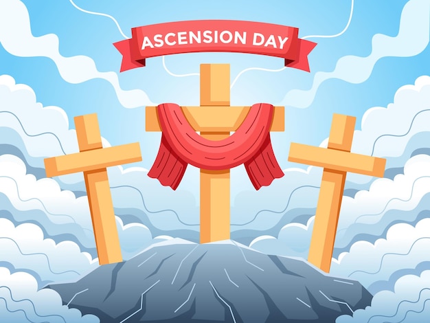 A cross with a red ribbon that says ascension day.