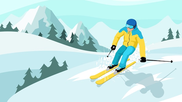 Sci di fondo sciatore di fondo attività degli sport invernali giovane uomo avanzato sullo sci illustrazione vettoriale isometrica
