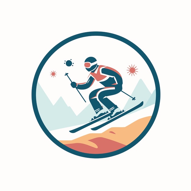 Vector crosscountry skiing icon of skier in helmet and goggles skiing downhill vector illustration