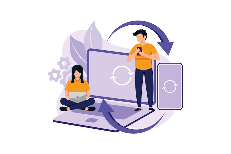 Vector crossdevice syncing flat modern design illustration