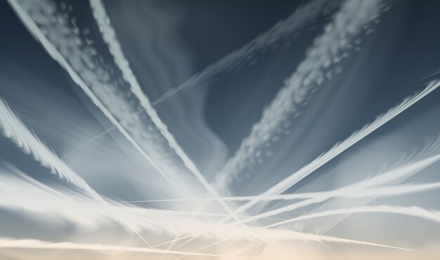 Crossed airplane condensation trails, jet contrails of aircraft slightly dispelling at sunrise.