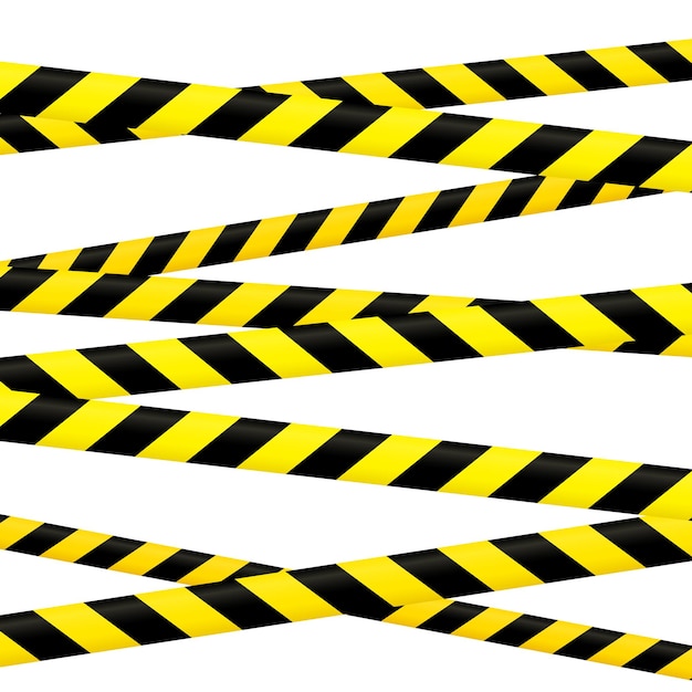 Vector crossed caution tape set. yellow and black warning stripes. repeating construction, hazard, danger
