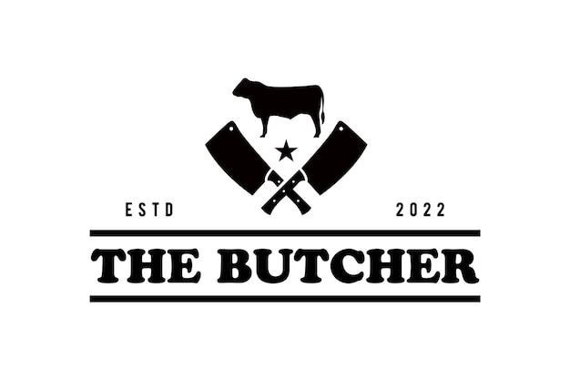 crossed cleavers with angus silhouette butcher shop logo design