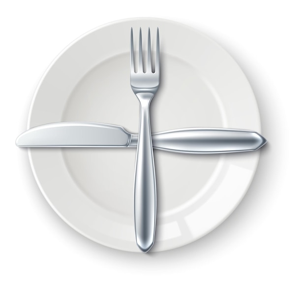 Crossed cutlery on white table Next dish signal