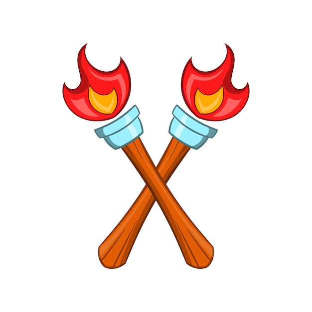 Crossed flaming torches icon in cartoon style on a white background