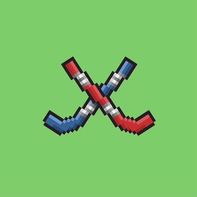 Vector crossed hockey stick in pixel art style