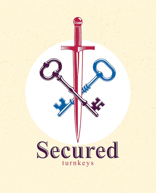 交差したキーと短剣のベクトルシンボルエンブレム、ターンキーと剣、保護された秘密、保護された力、古代のヴィンテージのロゴまたはエンブレム。