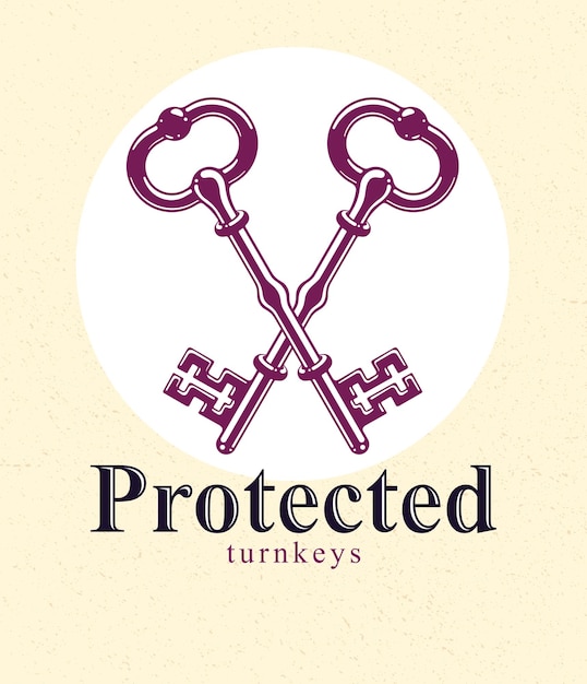 Перекрещенные ключи, защищенный секрет, электронная защита данных, ключи от рая, этикетка отеля, старинный старинный векторный логотип или эмблема под ключ.