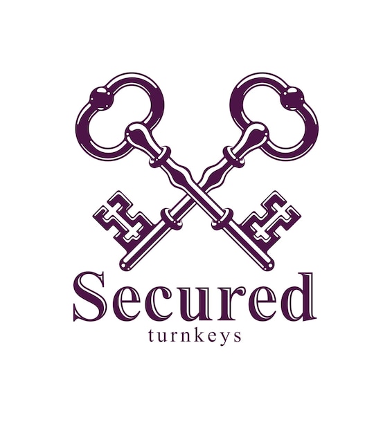 Crossed keys, vintage antique turnkeys vector logo or emblem, protected secret, electronic data protection, keys to heaven, hotel label, keep secret.