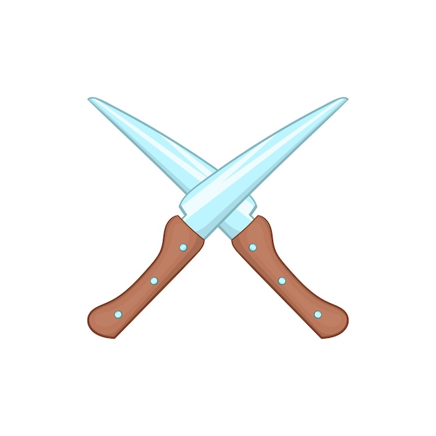 Crossed kitchen knifes icon in cartoon style on a white background