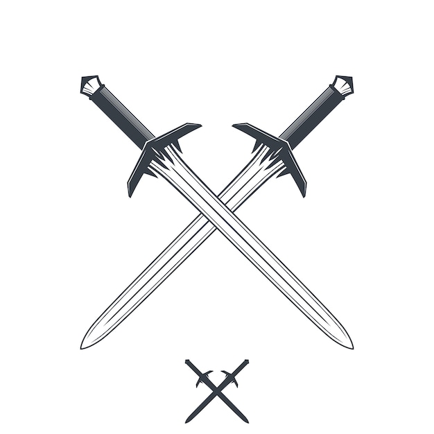 Crossed swords on white, outline and silhouette, illustration