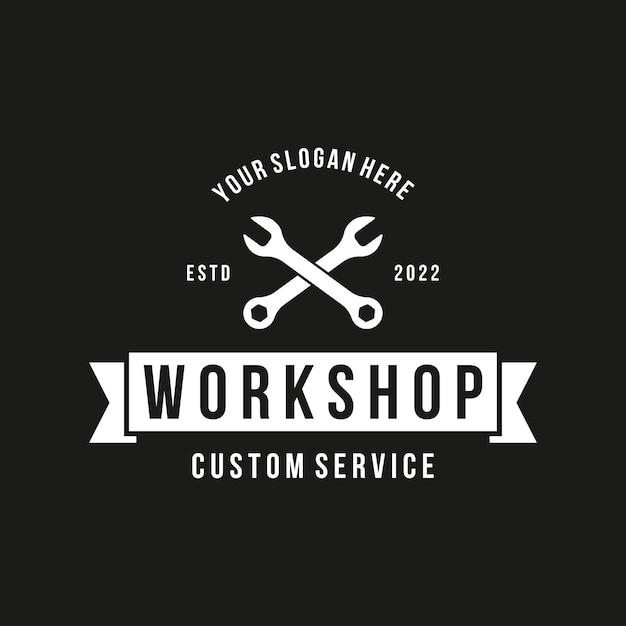Дизайн шаблона логотипа скрещенного гаечного ключа с винтажным снаряжениемЛоготип для индустрии значков мастерскойсервис или ремонт и механик