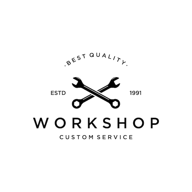 Crossed wrench logo template design with vintage gearLogo for workshop badge industryservice or repair and mechanic