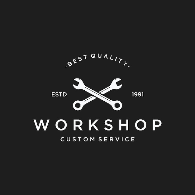 Crossed wrench logo template design with vintage gearLogo for workshop badge industryservice or repair and mechanic